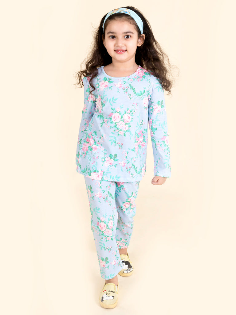 Pspeaches Girls Multicolor Floral Printed Pure Cotton Night Suit (NW-MULTI FLOWER)