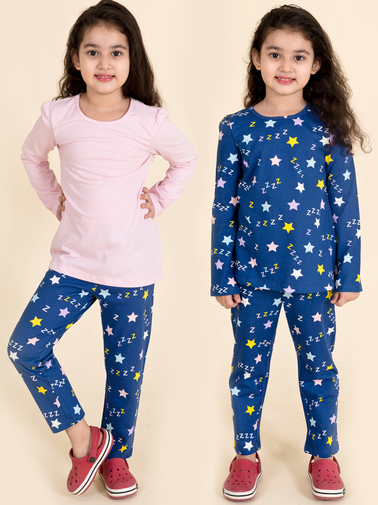 Pspeaches Girls Blue Pink Printed Pure Cotton 3 Pc Night Suit (NW-BLUE Z)