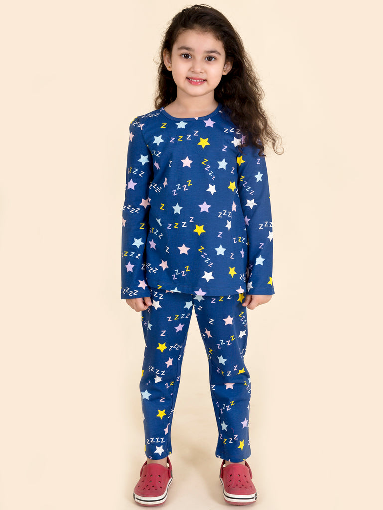 Pspeaches Girls Blue Pink Printed Pure Cotton 3 Pc Night Suit (NW-BLUE Z)
