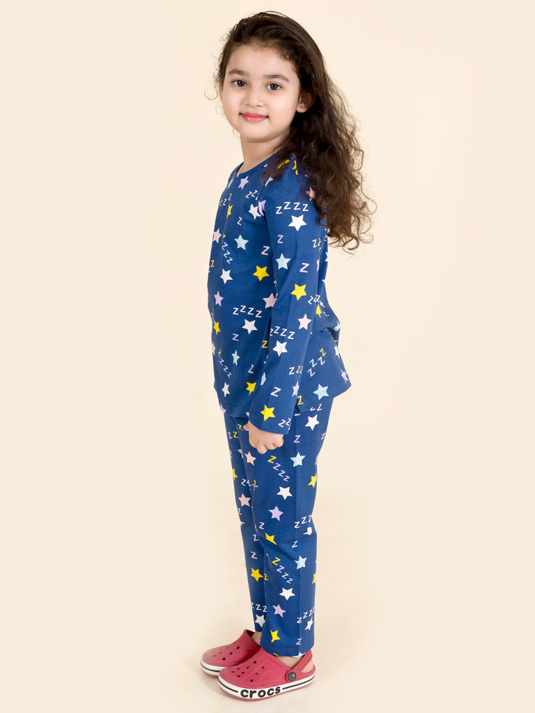 Pspeaches Girls Blue Pink Printed Pure Cotton 3 Pc Night Suit (NW-BLUE Z)