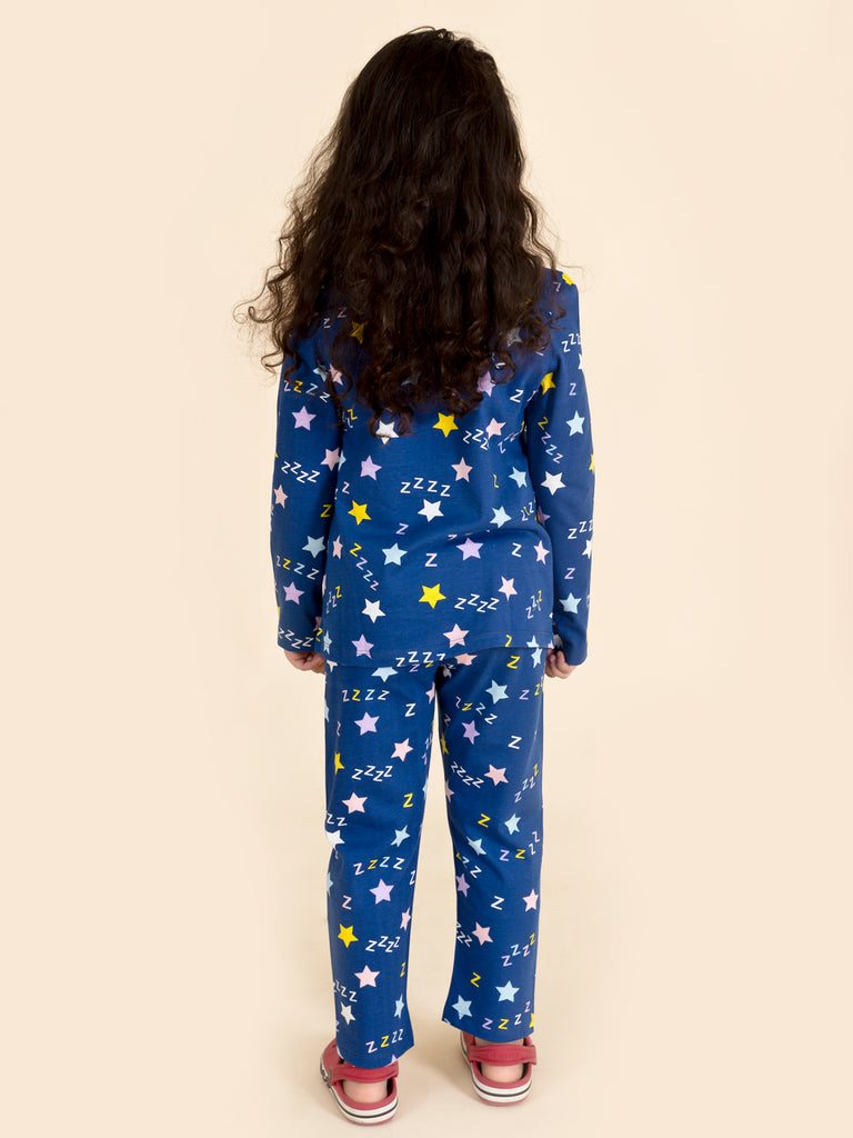 Pspeaches Girls Blue Pink Printed Pure Cotton 3 Pc Night Suit (NW-BLUE Z)