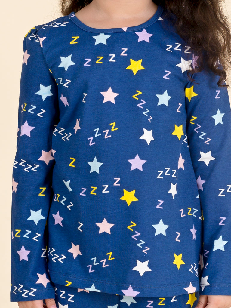 Pspeaches Girls Blue Pink Printed Pure Cotton 3 Pc Night Suit (NW-BLUE Z)