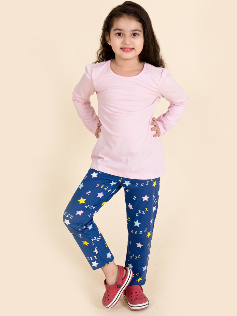 Pspeaches Girls Blue Pink Printed Pure Cotton 3 Pc Night Suit (NW-BLUE Z)