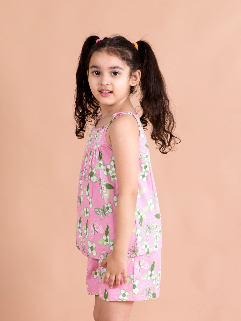 Girls Pink & White Printed Cotton Night suit (NW-Pinkgreen)