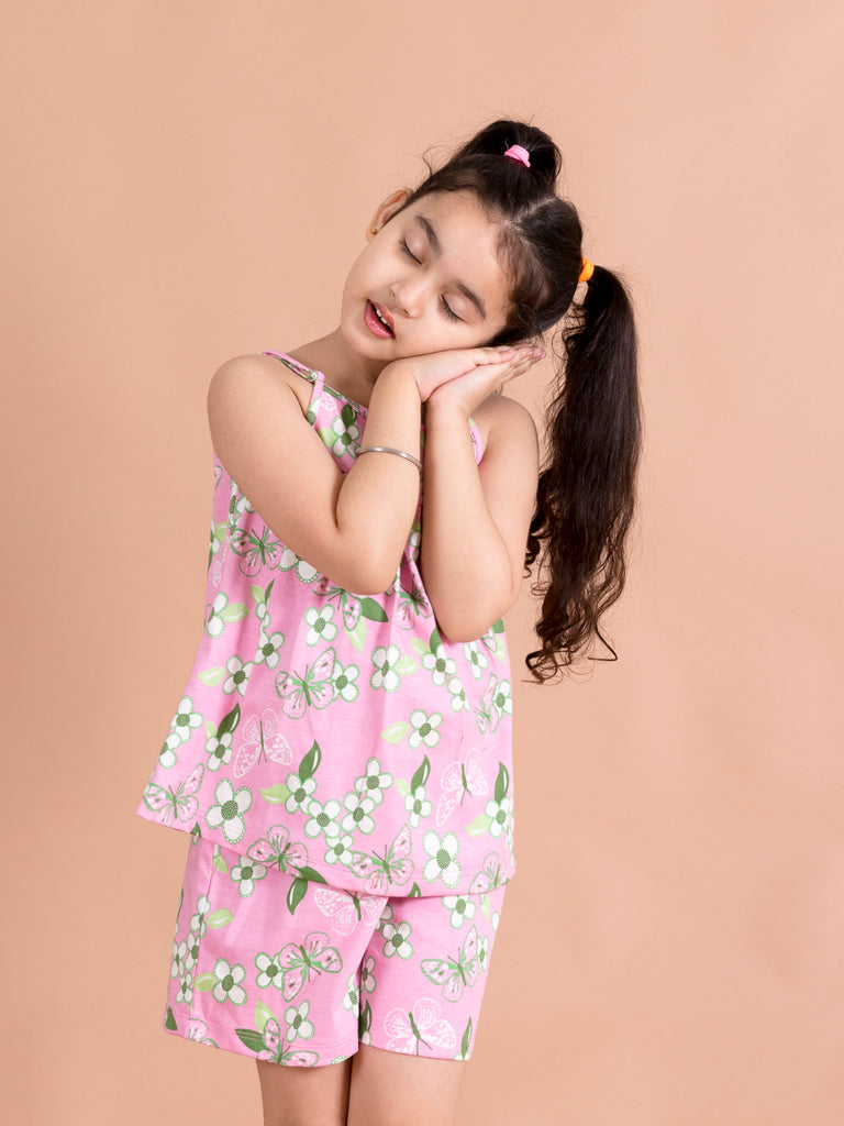 Girls Pink & White Printed Cotton Night suit (NW-Pinkgreen)