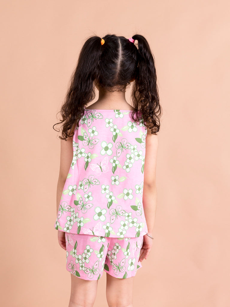 Girls Pink & White Printed Cotton Night suit (NW-Pinkgreen)