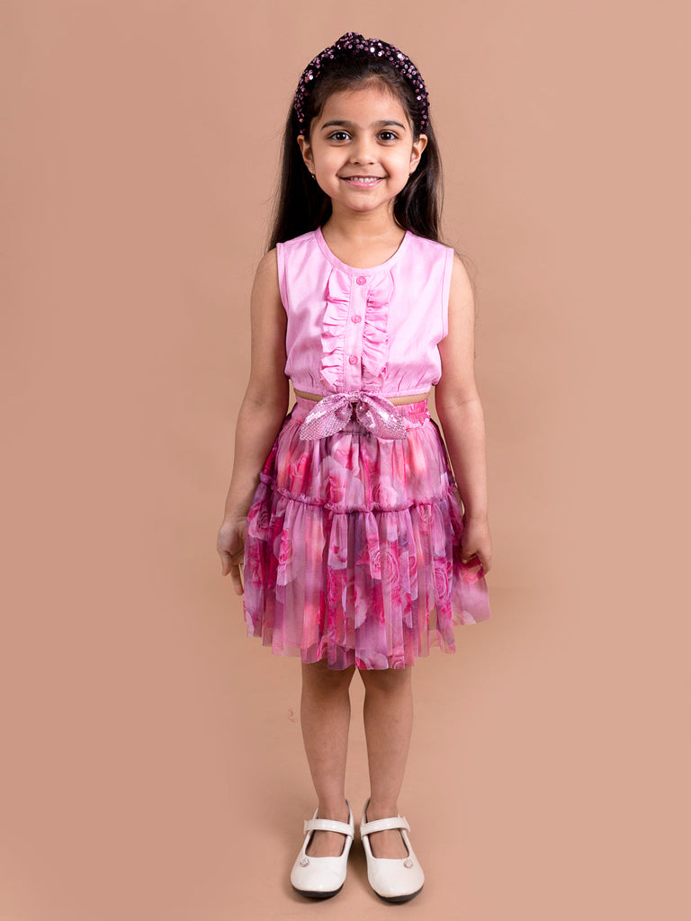 Girls Pink Purple Printed Top With Skirt (sk-multirose)
