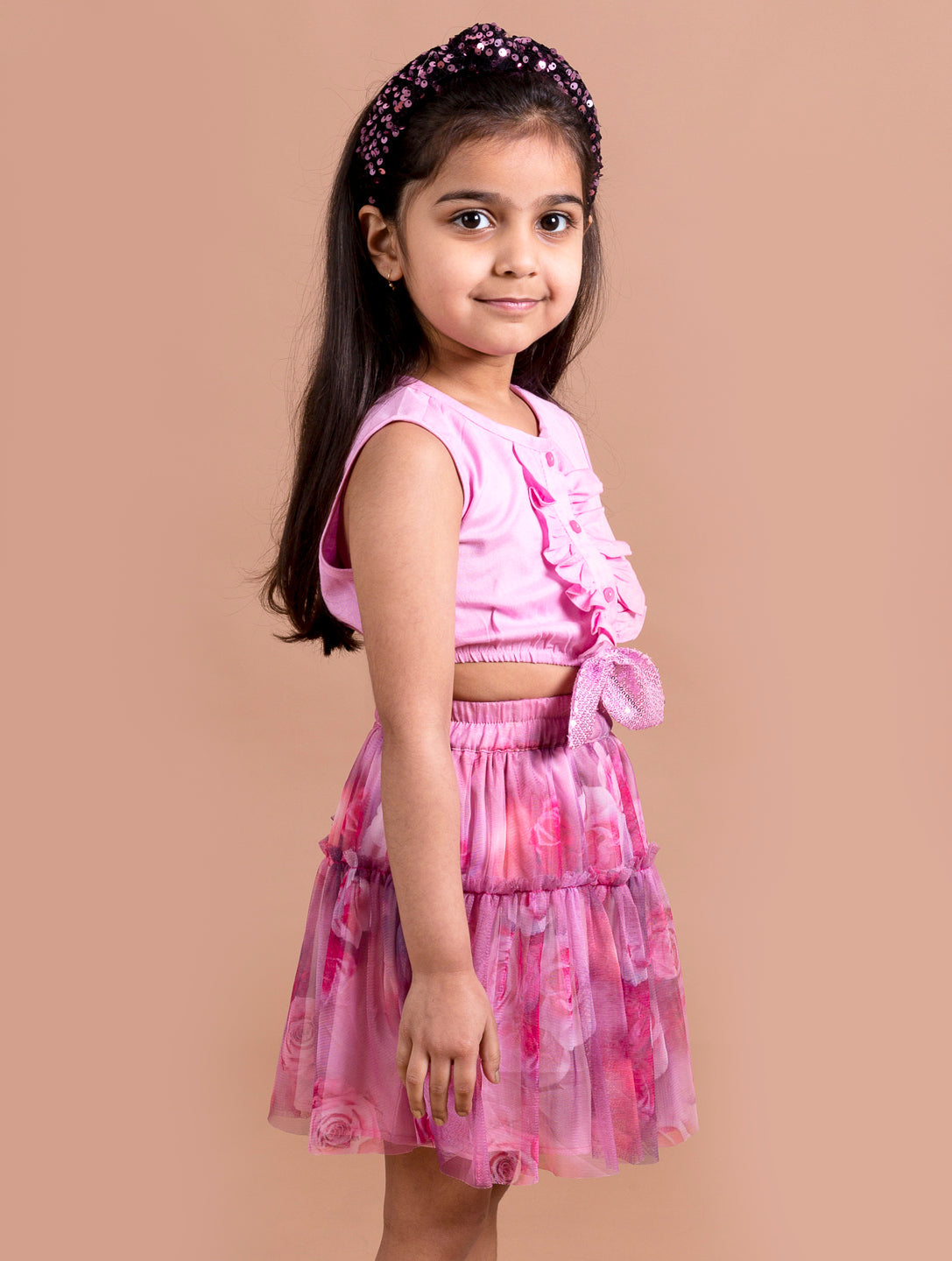 Girls Pink Purple Printed Top With Skirt (sk-multirose)