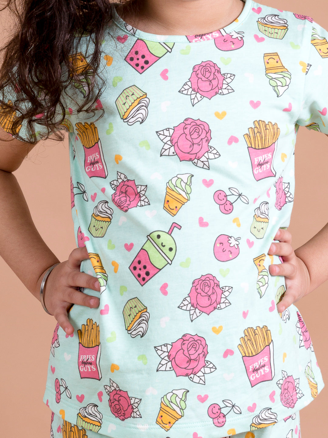 Girls Green & Pink Printed Night suit (NW-GreenRose)