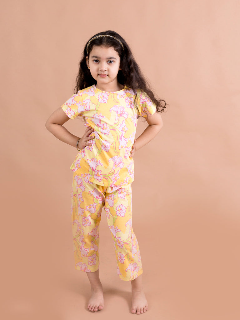 Girls Yellow & Pink Floral Printed Cotton Night suit (NW-Yellowfloral)