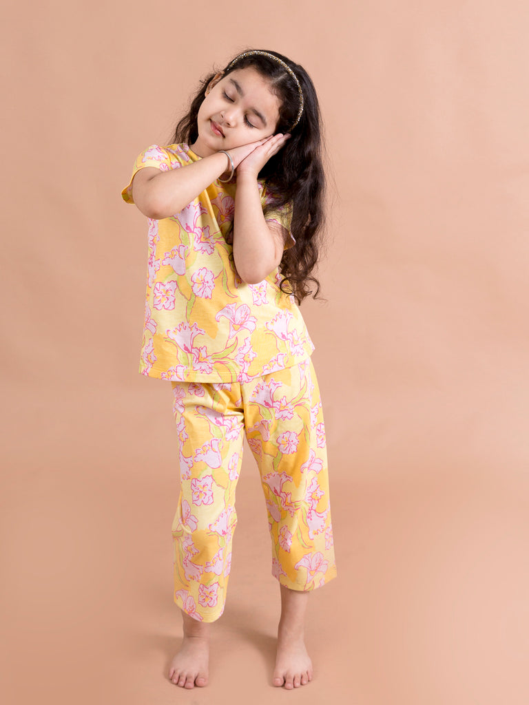 Girls Yellow & Pink Floral Printed Cotton Night suit (NW-Yellowfloral)