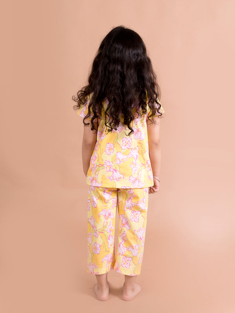 Girls Yellow & Pink Floral Printed Cotton Night suit (NW-Yellowfloral)