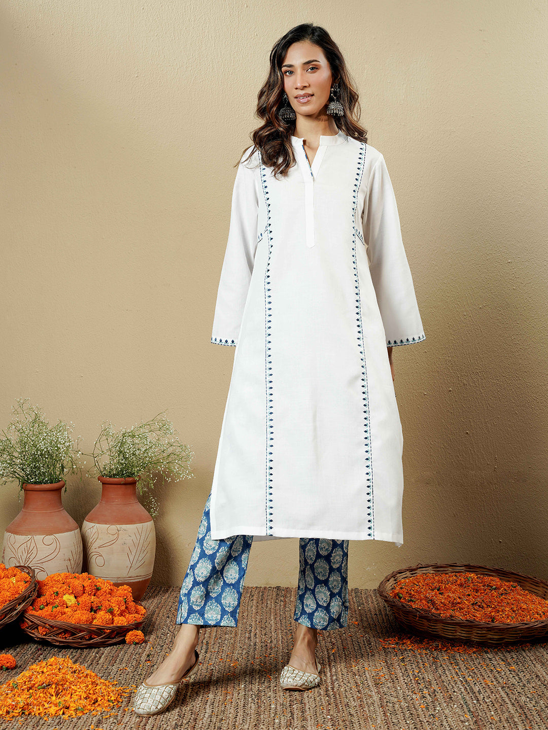 Solid Cotton A-Line Kurta with Contrast Panel for Women