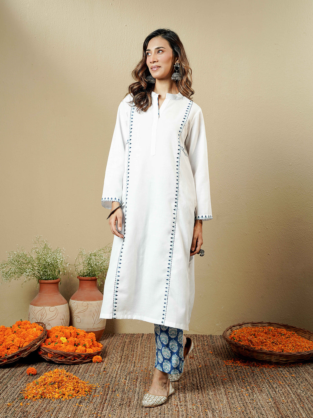 White Solid Cotton A-Line Kurta Set with Printed Pants for Women