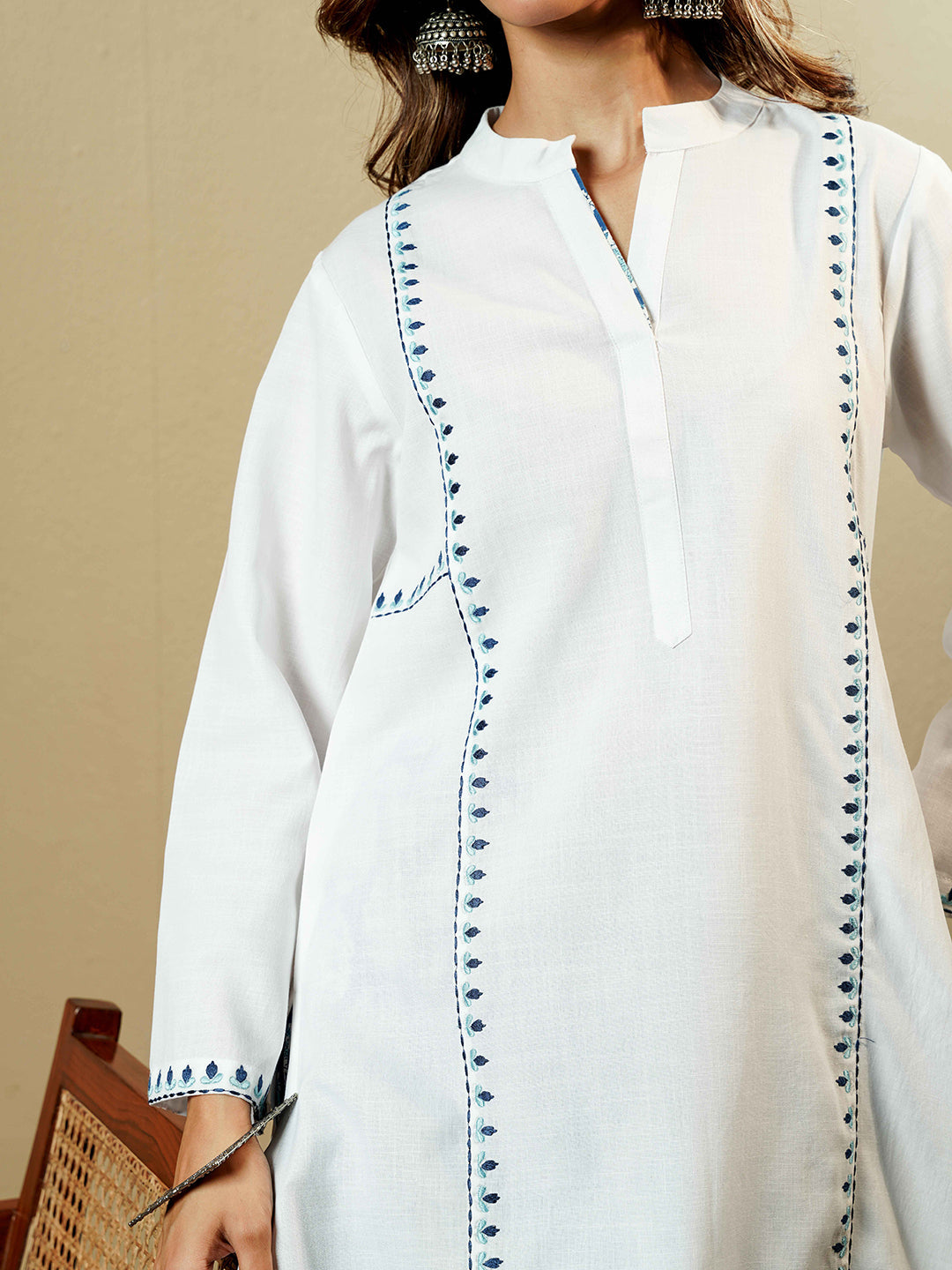 White Solid Cotton A-Line Kurta Set with Printed Pants for Women