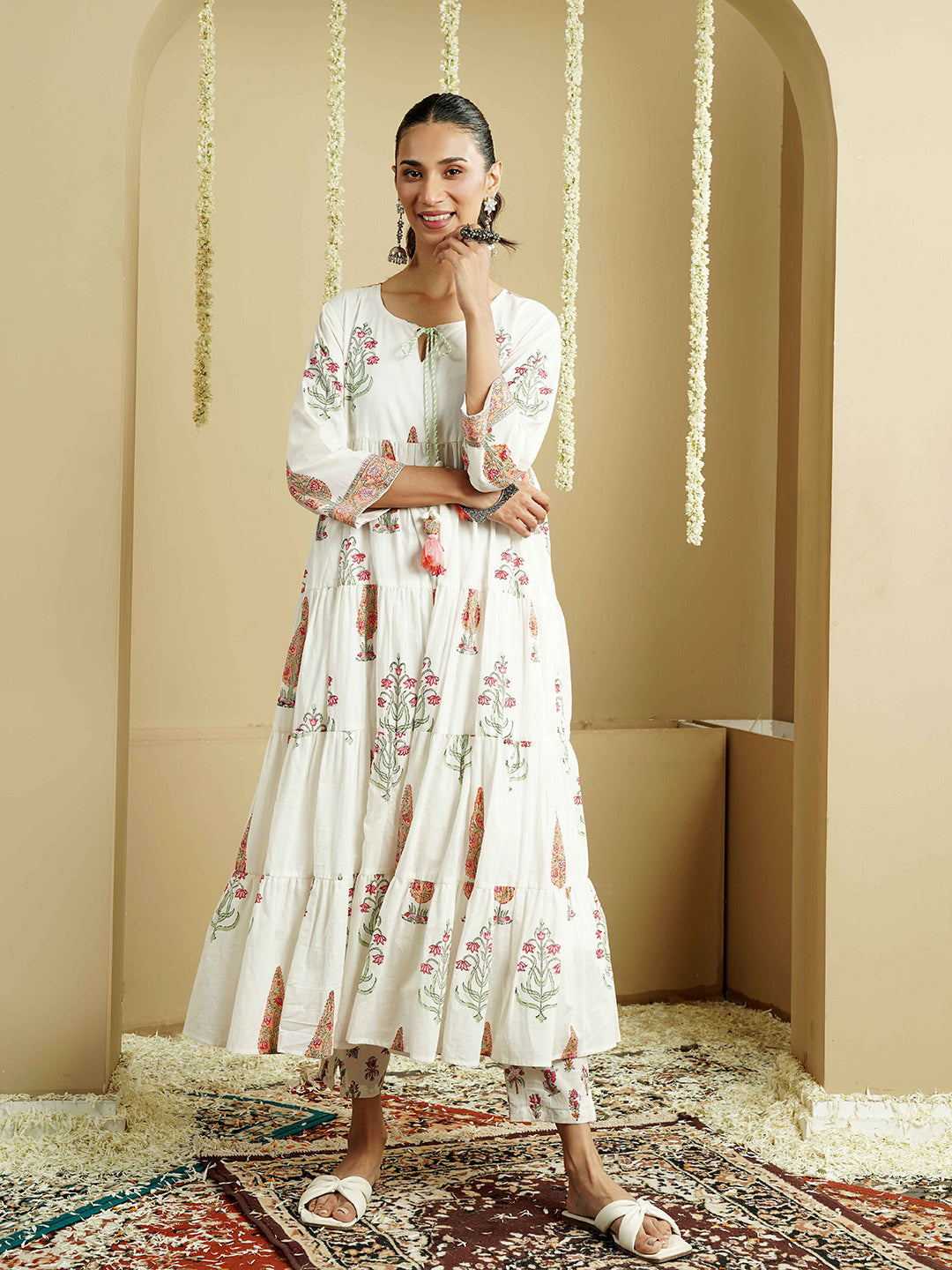 White Floral Printed Layered Cotton Kurta