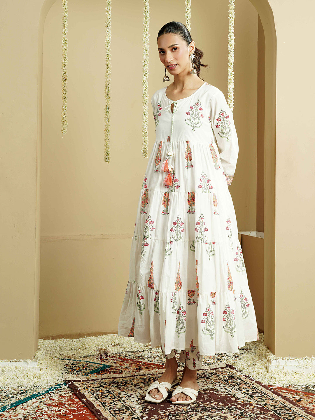 White Floral Printed Layered Cotton Kurta Set