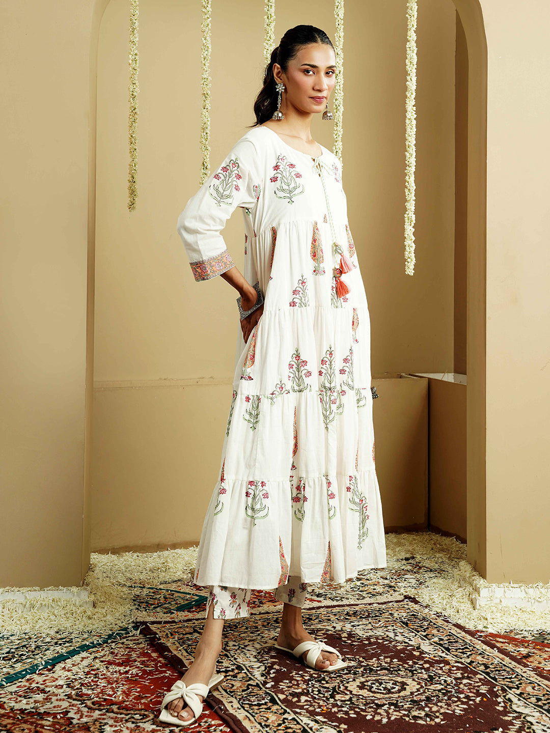 White Floral Printed Layered Cotton Kurta