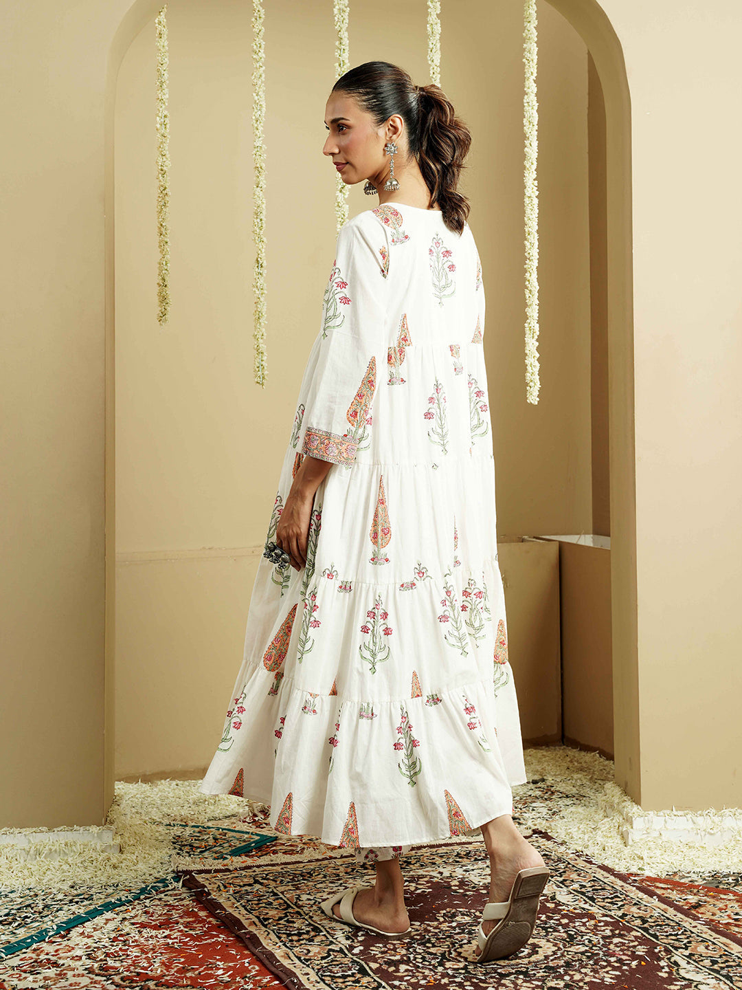 White Floral Printed Layered Cotton Kurta