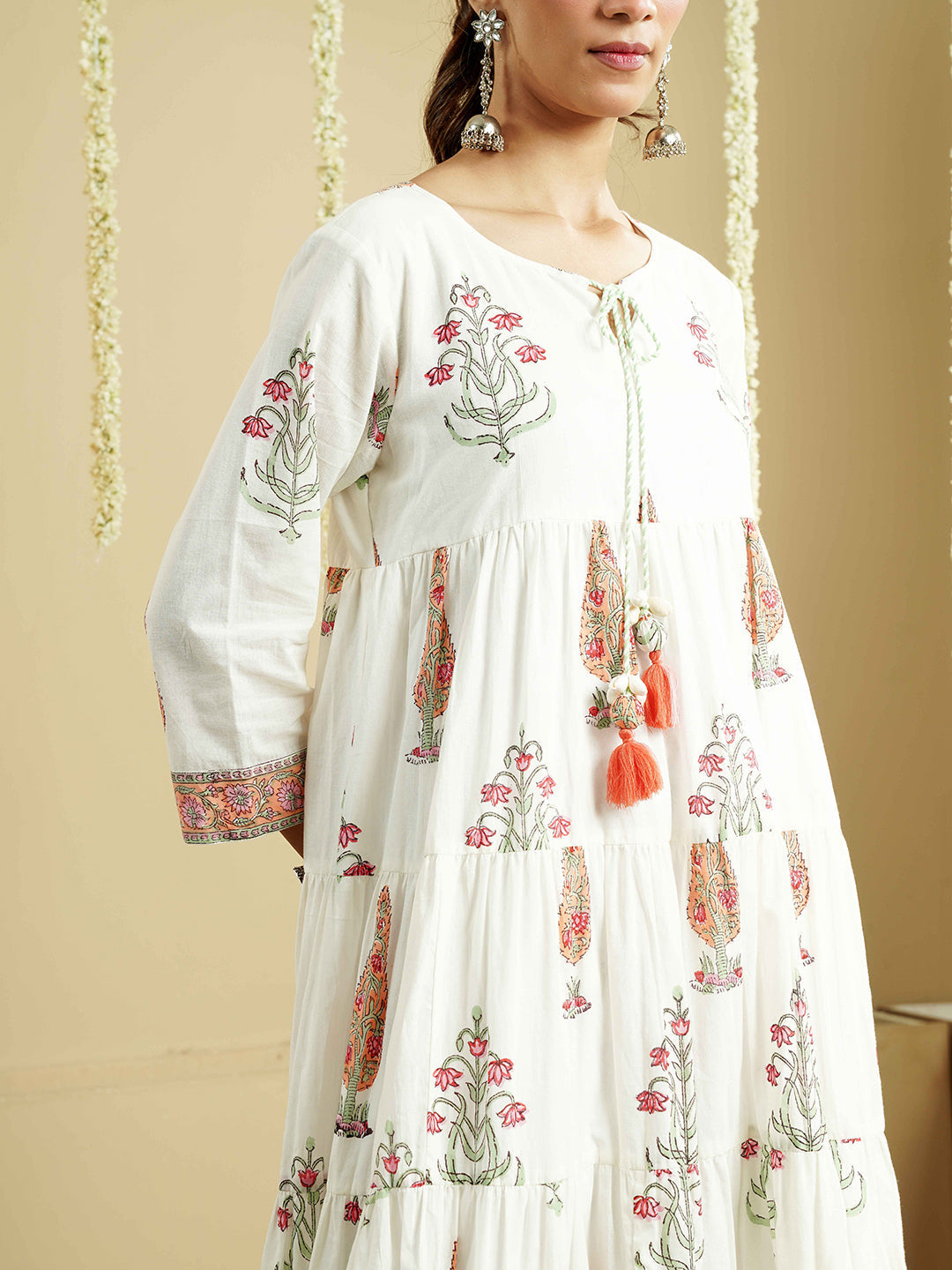 White Floral Printed Layered Cotton Kurta