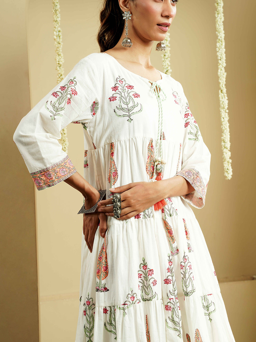 White Floral Printed Layered Cotton Kurta