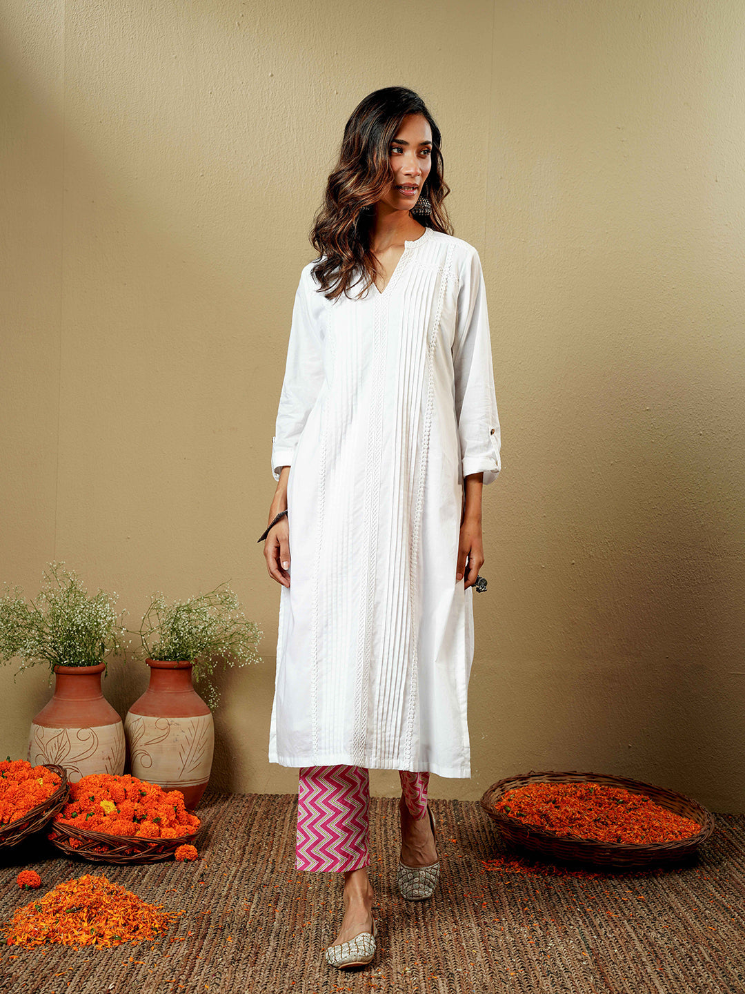 White Lace Detail Cotton Kurta