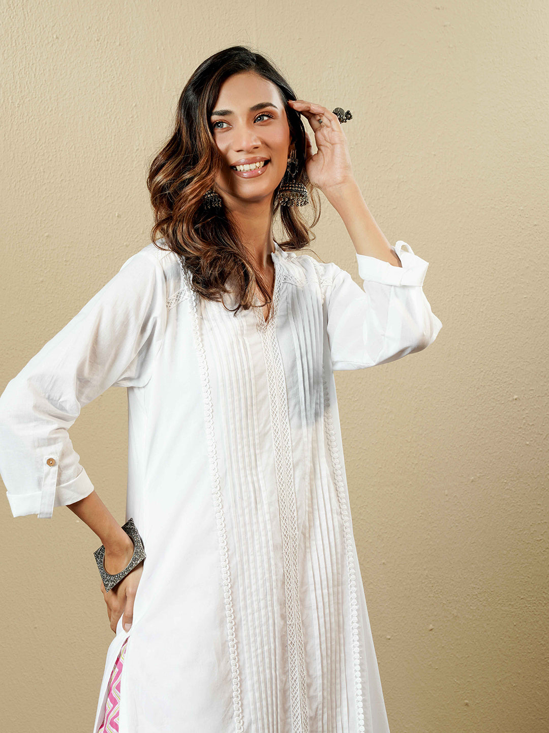 White Lace Detail Cotton Kurta