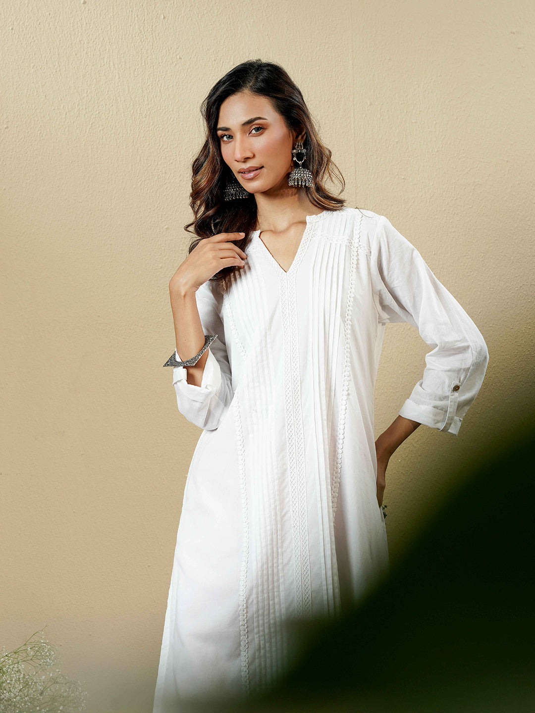 White Lace Detail Cotton Kurta