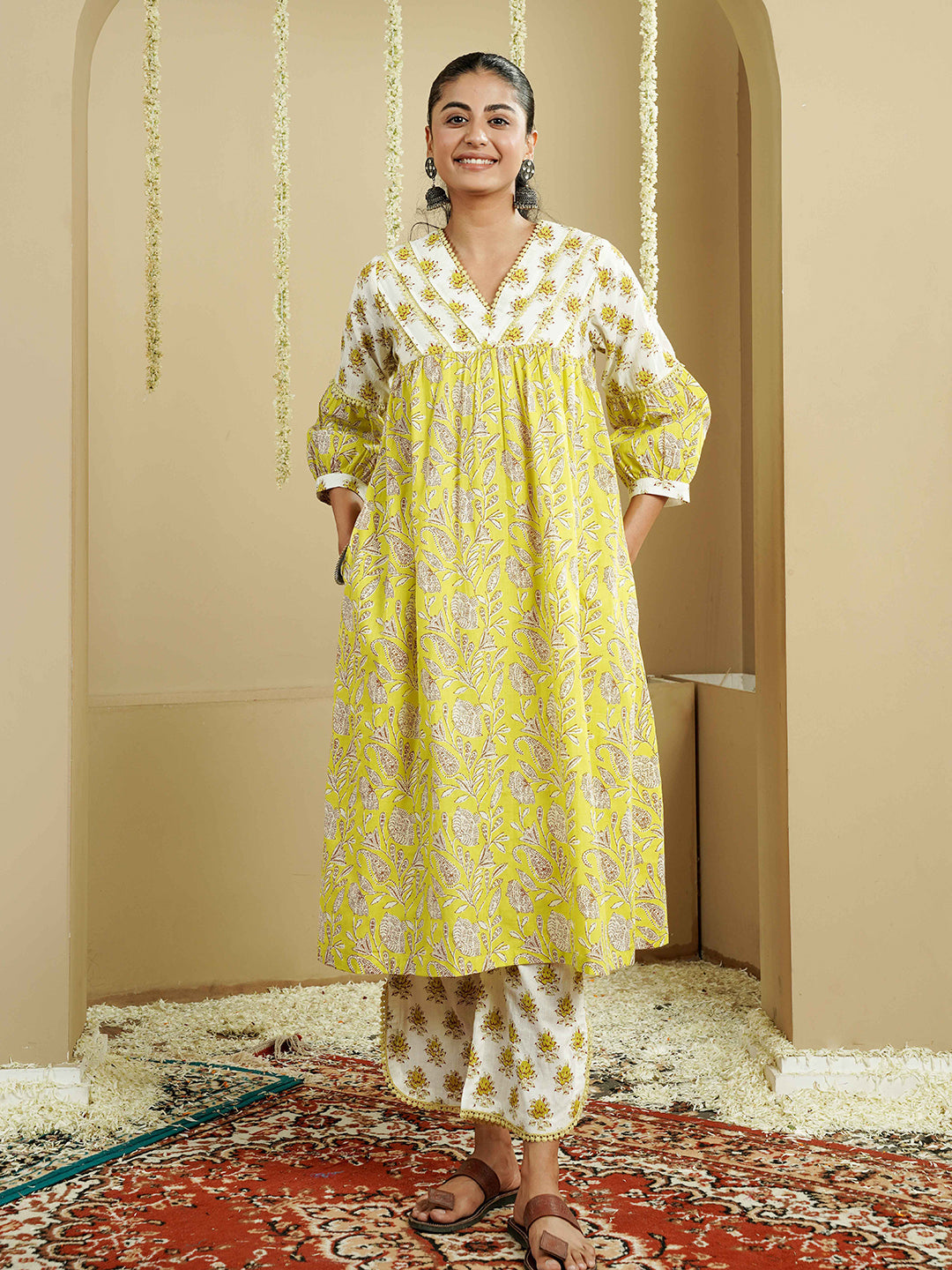 Yellow Printed A-Line Cotton Kurta with Contrast Border