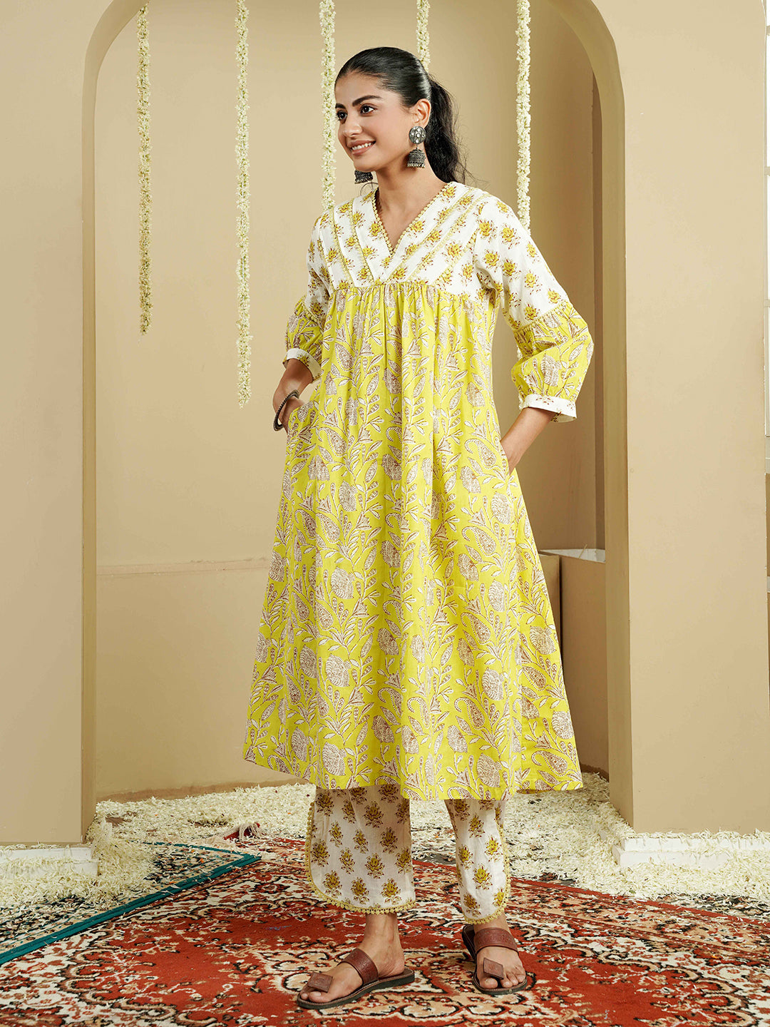 White-Lime Pintuck Detailing Cotton Kurta set