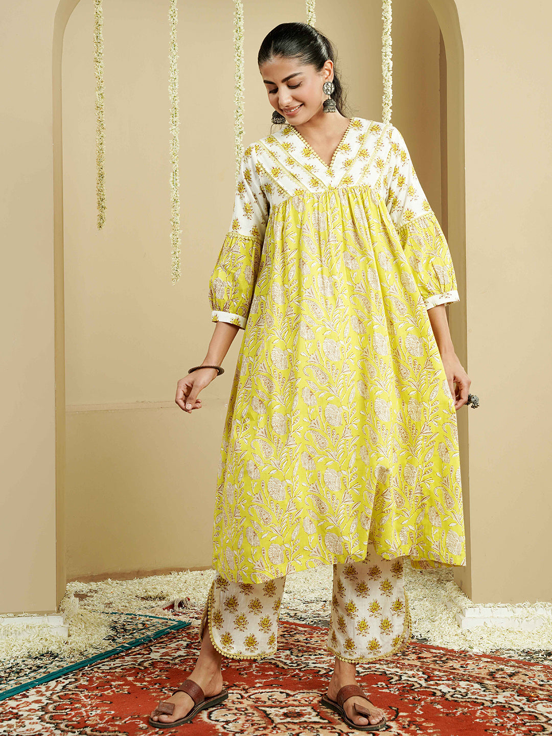 White-Lime Pintuck Detailing Cotton Kurta set