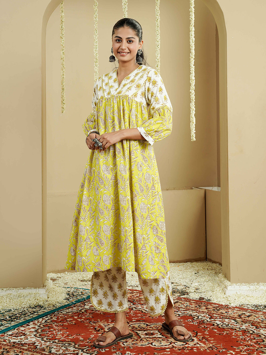 Yellow Printed A-Line Cotton Kurta with Contrast Border