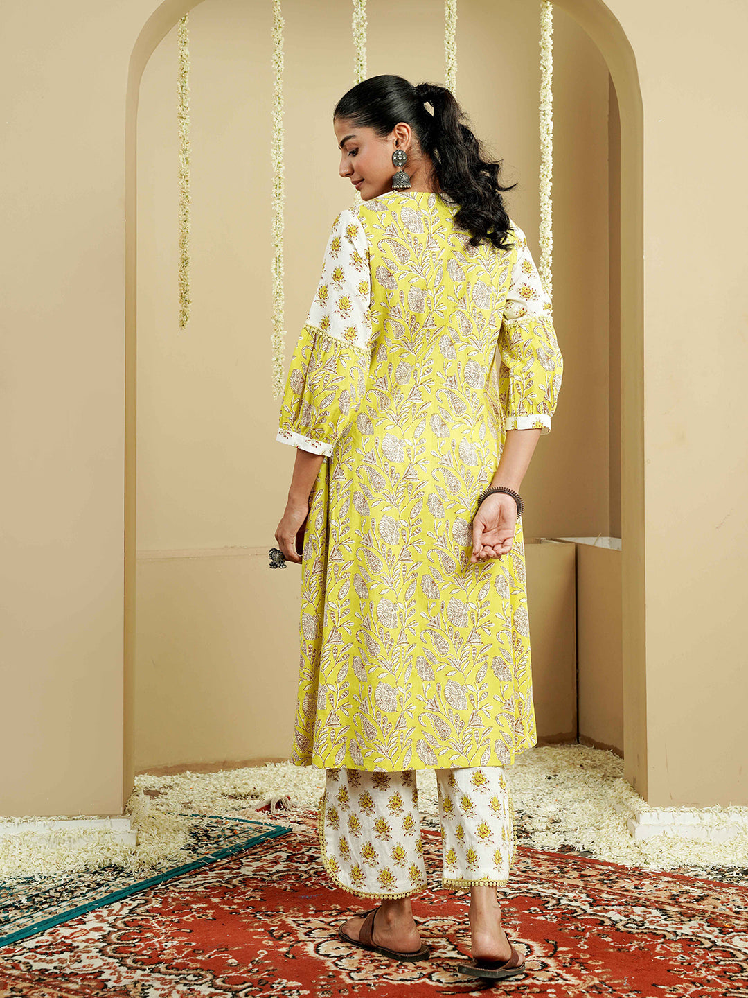 White-Lime Pintuck Detailing Cotton Kurta set