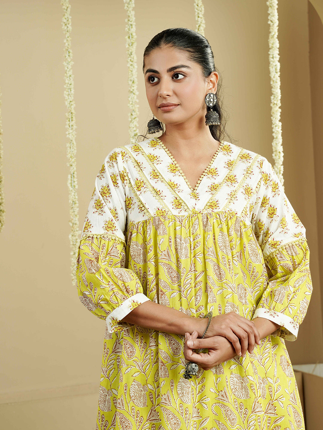 White-Lime Pintuck Detailing Cotton Kurta set