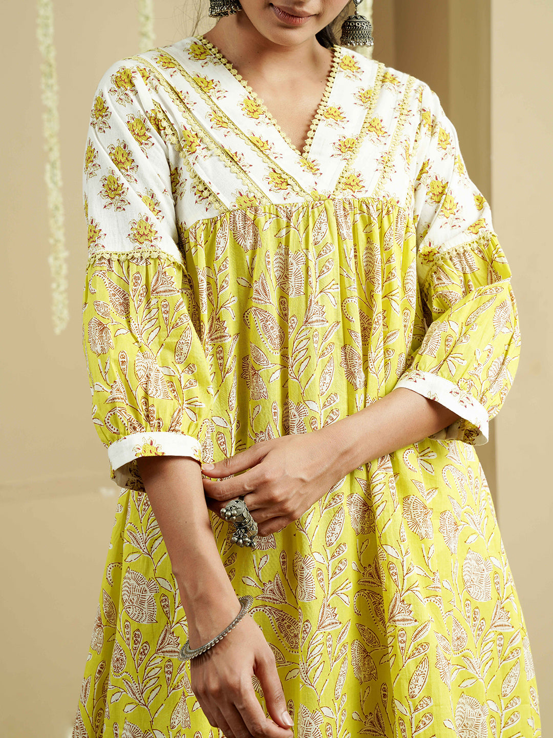 White-Lime Pintuck Detailing Cotton Kurta set