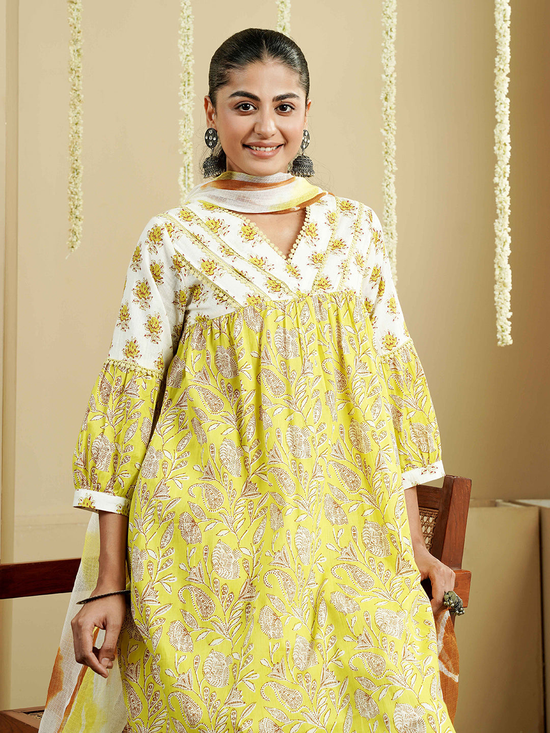 Yellow Printed A-Line Cotton Kurta with Contrast Border