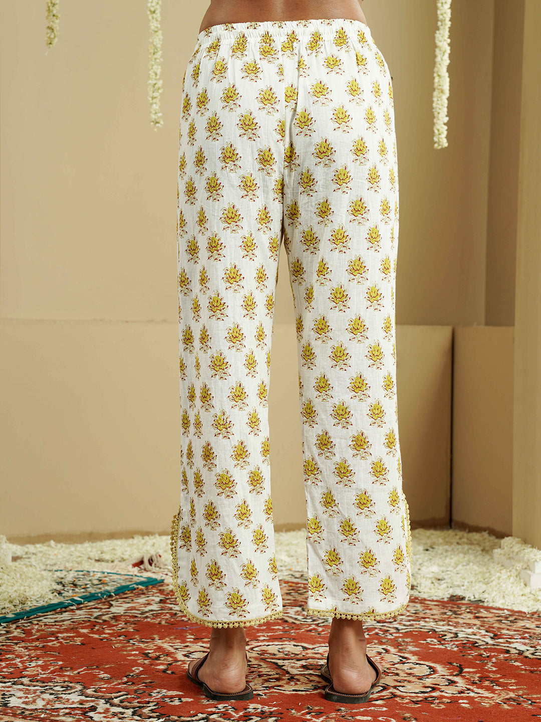 Yellow Printed A-Line Cotton Kurta with Contrast Border