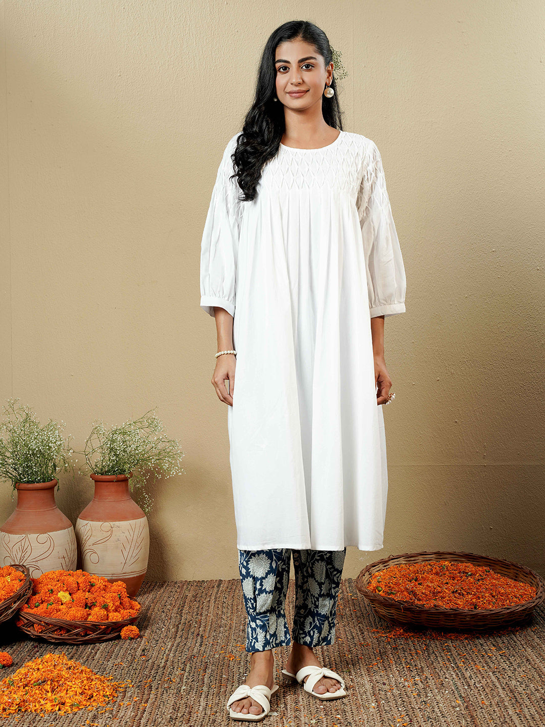 White Pintuck detailing Cotton Kurta