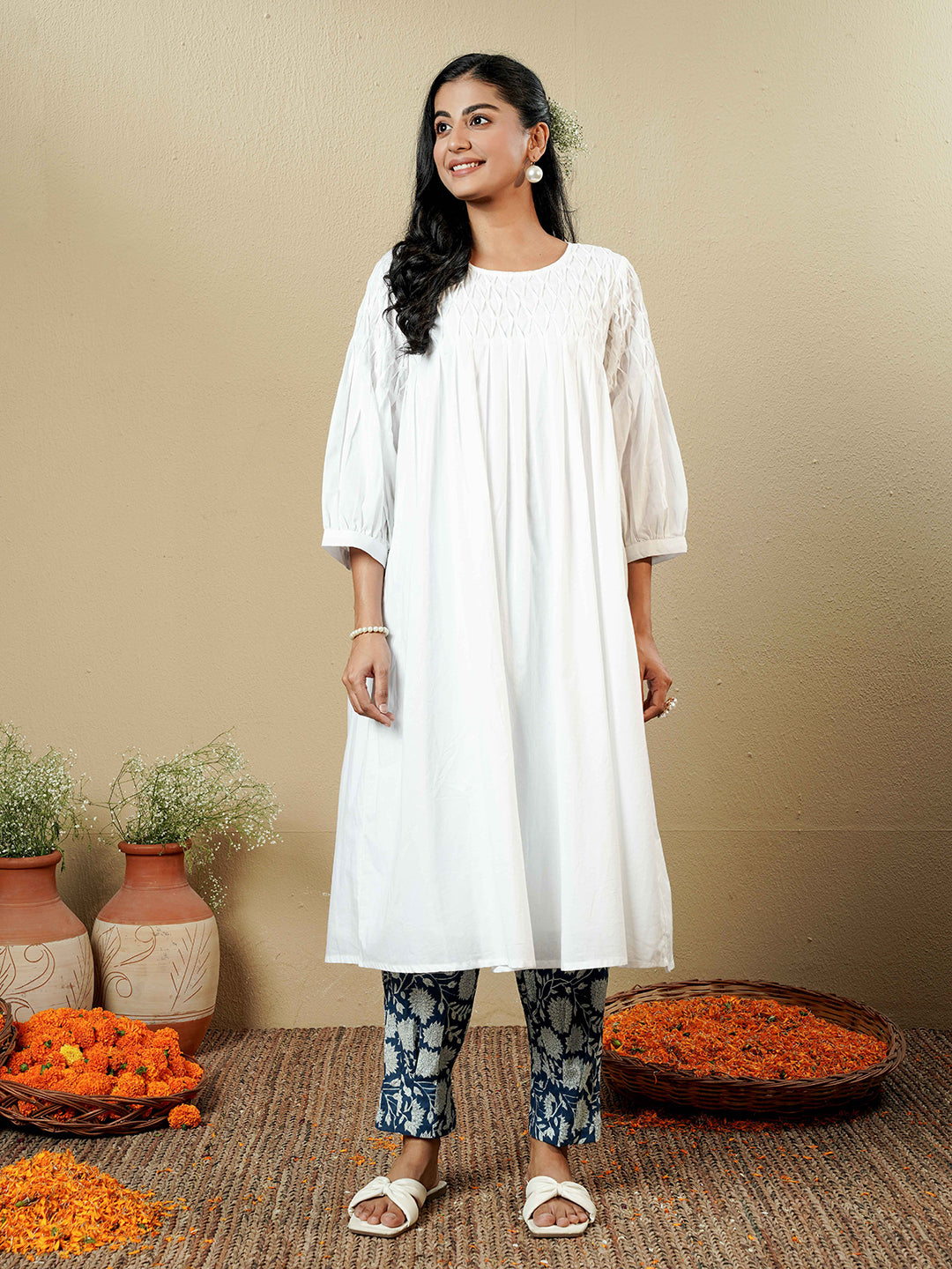 White Pintuck detailing Cotton Kurta