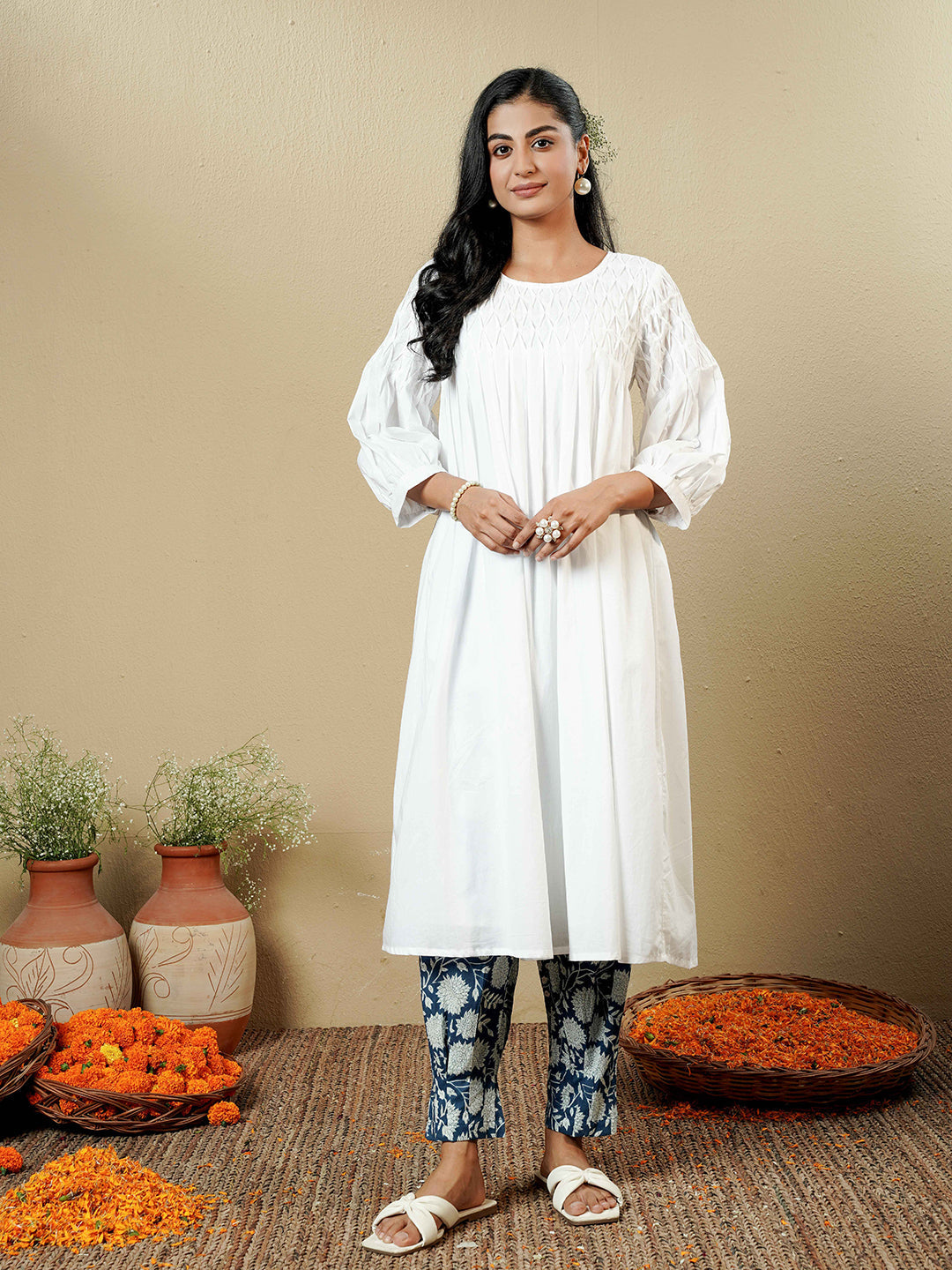 White Pintuck detailing Cotton Kurta