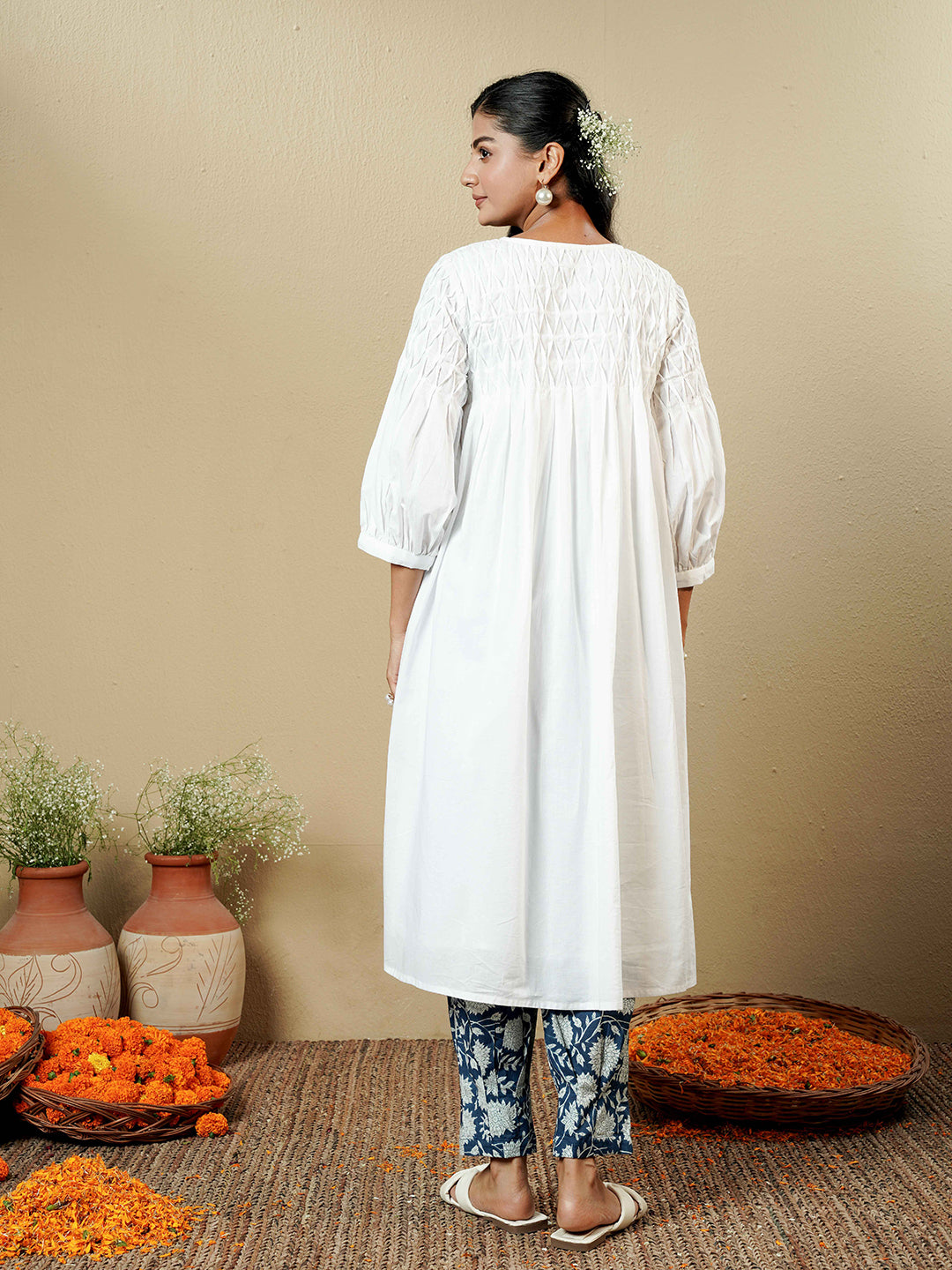White Pintuck detailing Cotton Kurta