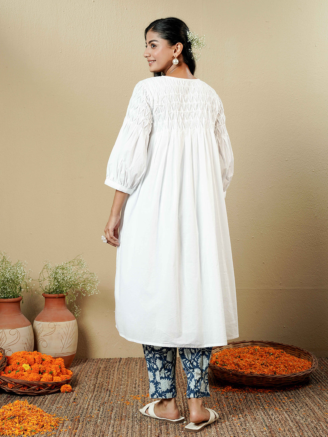 White Pintuck detailing Cotton Kurta