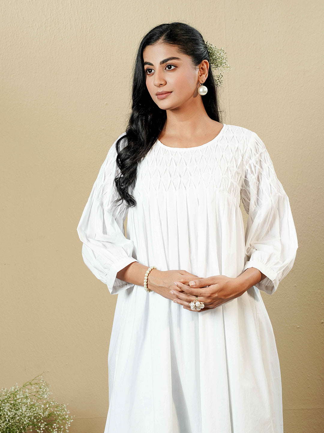 White Pintuck detailing Cotton Kurta