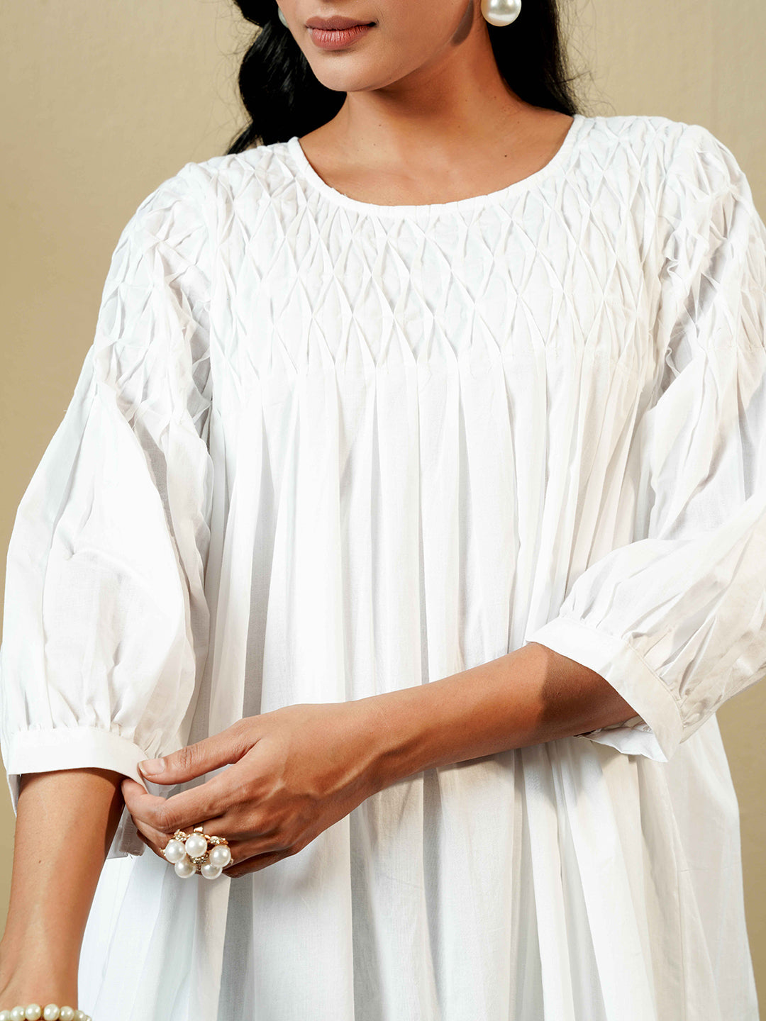 White Pintuck detailing Cotton Kurta