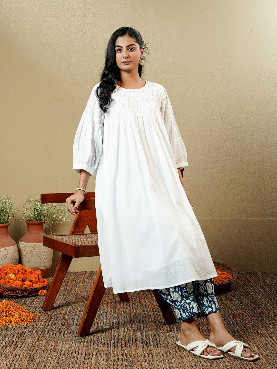 White Pintuck detailing Cotton Kurta