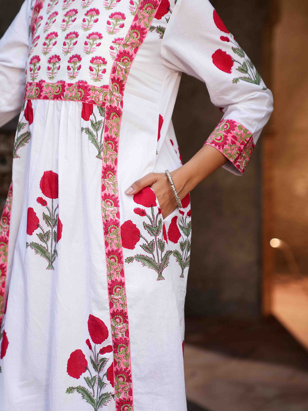 White Floral Block Printed Kurta Set