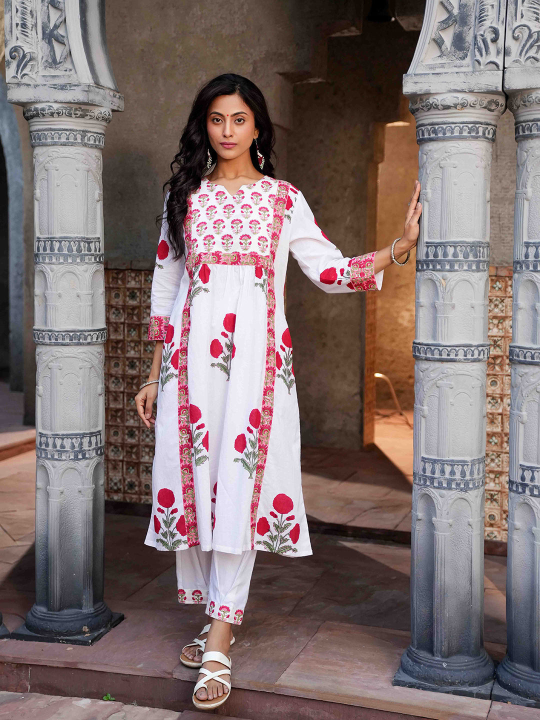 White Floral Block Printed Kurta Set