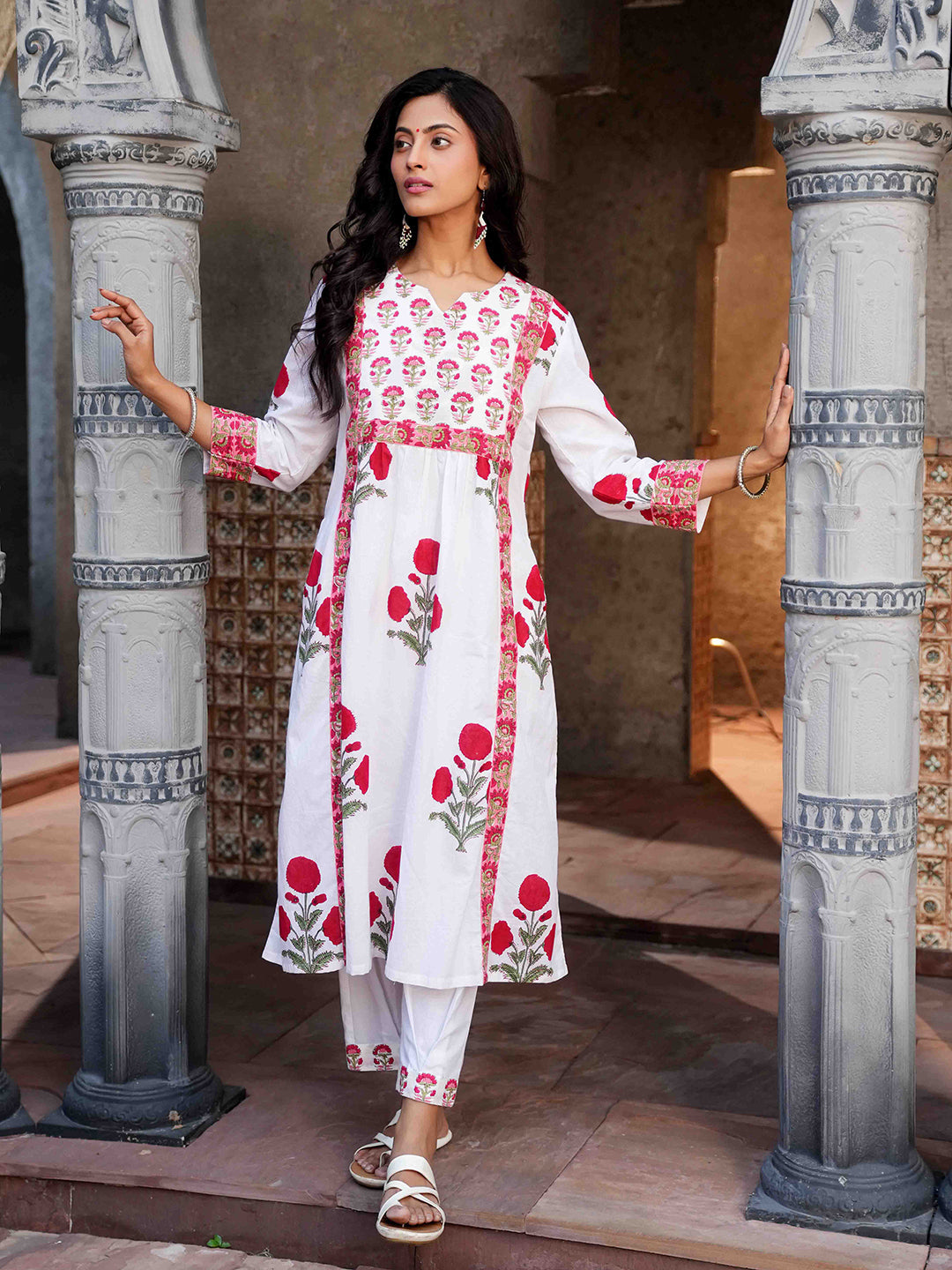 White Floral Block Printed Kurta Set