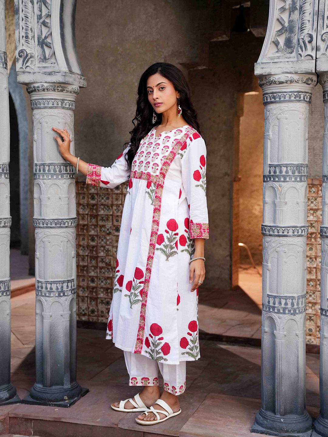White Floral Block Printed Kurta Set