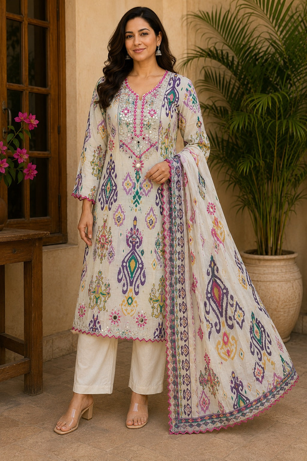 Women's Multicolor Cotton Printed Straight Kurta Set with Dupatta